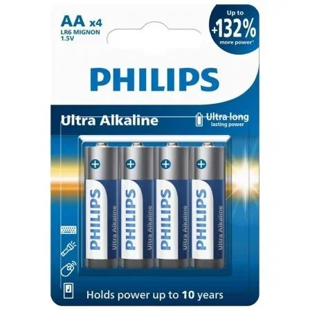 Philips Pilas AA Ultra Alcalina LR6E4B/10, Pack de 4 Philips Pilas AA Ultra Alcalina LR6E4B/10, Pack de 4